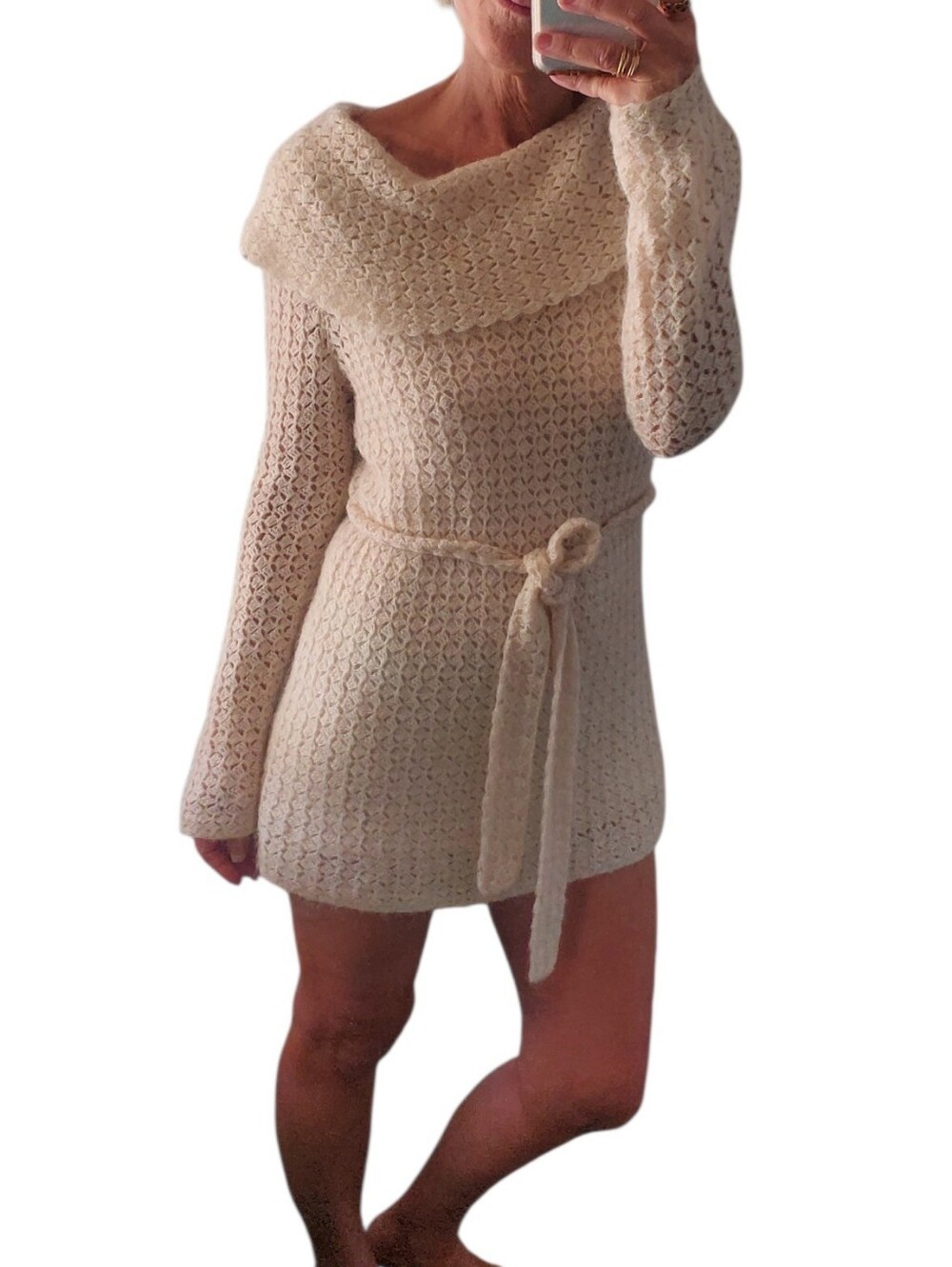 Jones New York Crochet Weaved Tunic Mini Sweater Dress With Belt